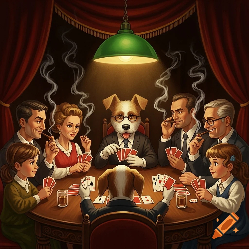 A stylized illustration of a dog and a family, including children, playing cards around a round table in a smoky card room.