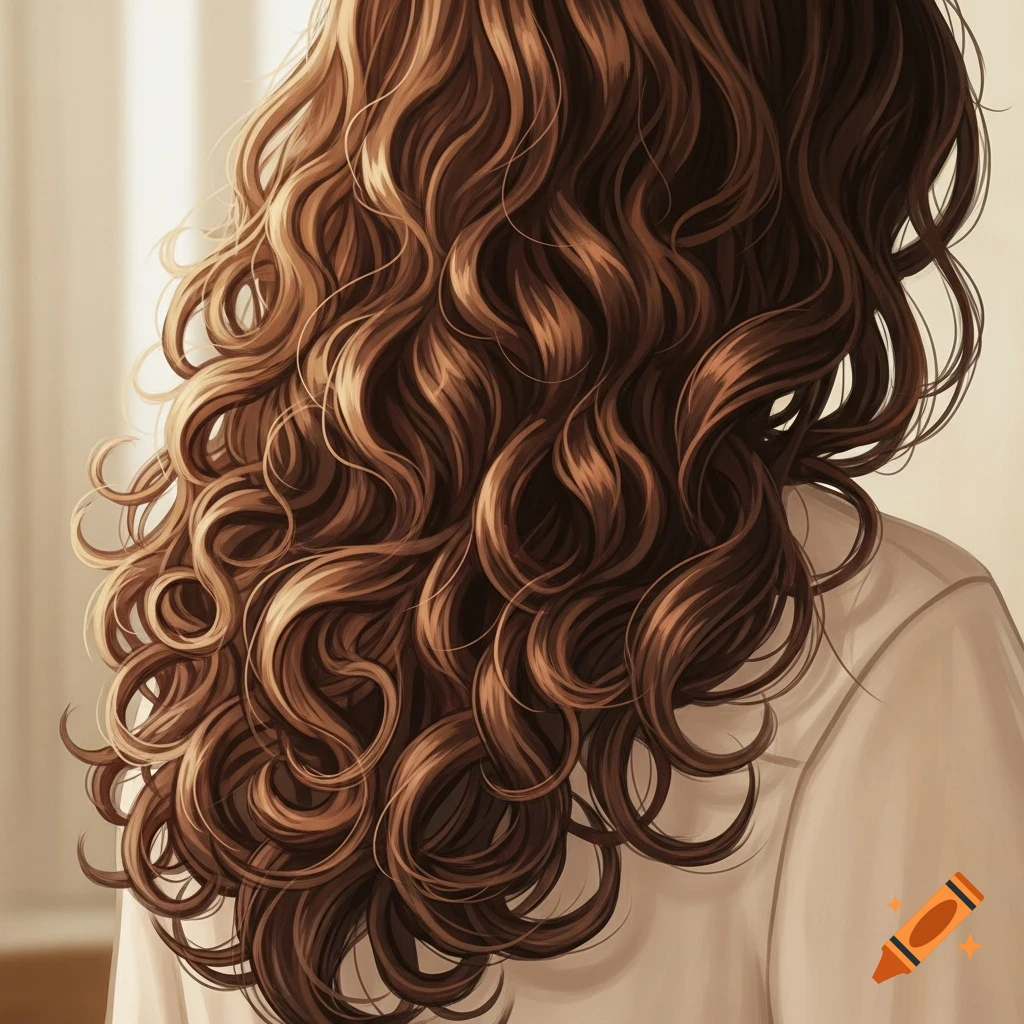 Close-up, back view of a person with long, wavy brown hair, rendered in a semi-realistic illustration style.