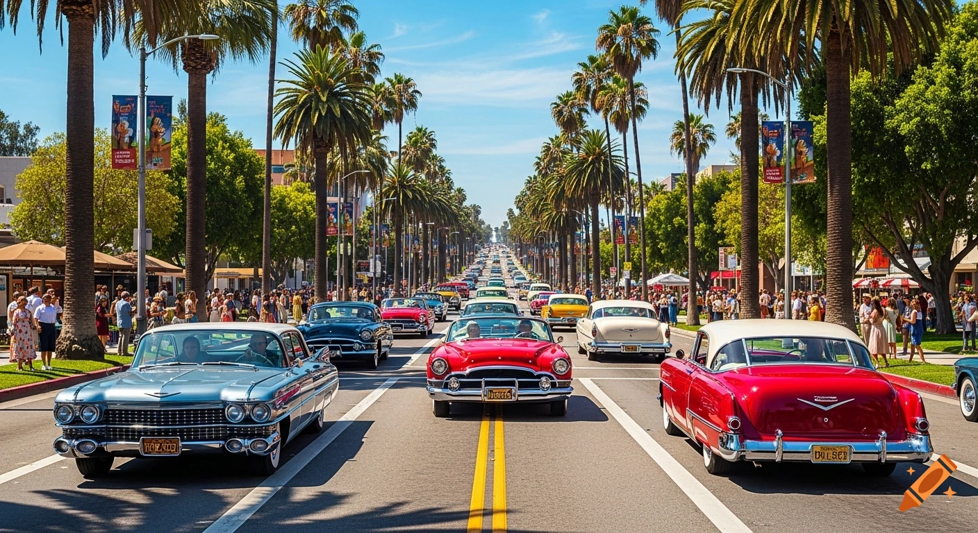 A parade of classic cars drives down a wide, palm-lined avenue on a sunny day with crowds watching.