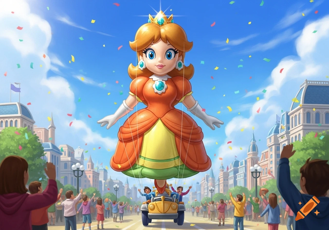 A large Princess Daisy parade balloon floats above a city street filled with a cheering crowd and falling confetti, under a blue sky.