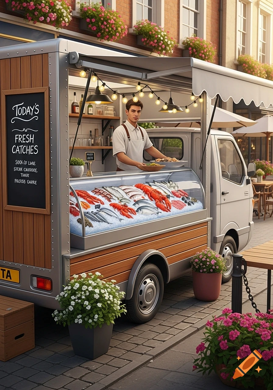 A man stands behind the counter of a mobile fish shop truck, displaying fresh fish and lobsters on ice, on a cobblestone street with potted flowers.