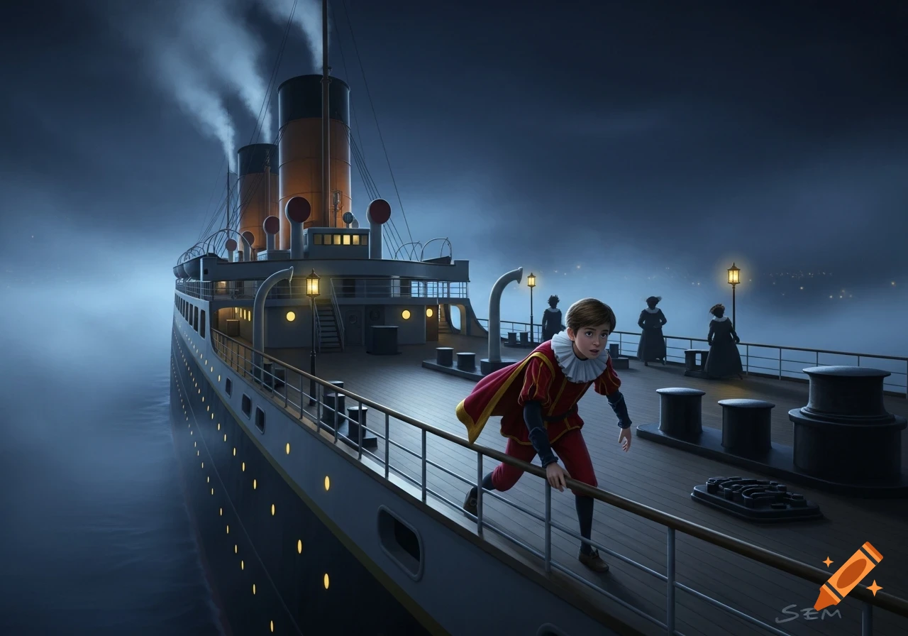 A boy in red and gold historical attire crouches on a steamboat deck at night, looking surprised, with shadowy figures and city lights in the foggy distance.