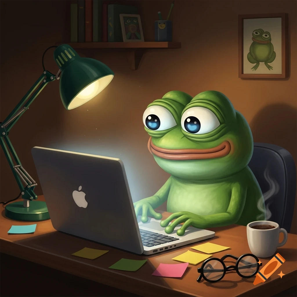 Cartoon Pepe the frog sits at a glowing laptop on a desk with a lamp, coffee mug, and sticky notes.