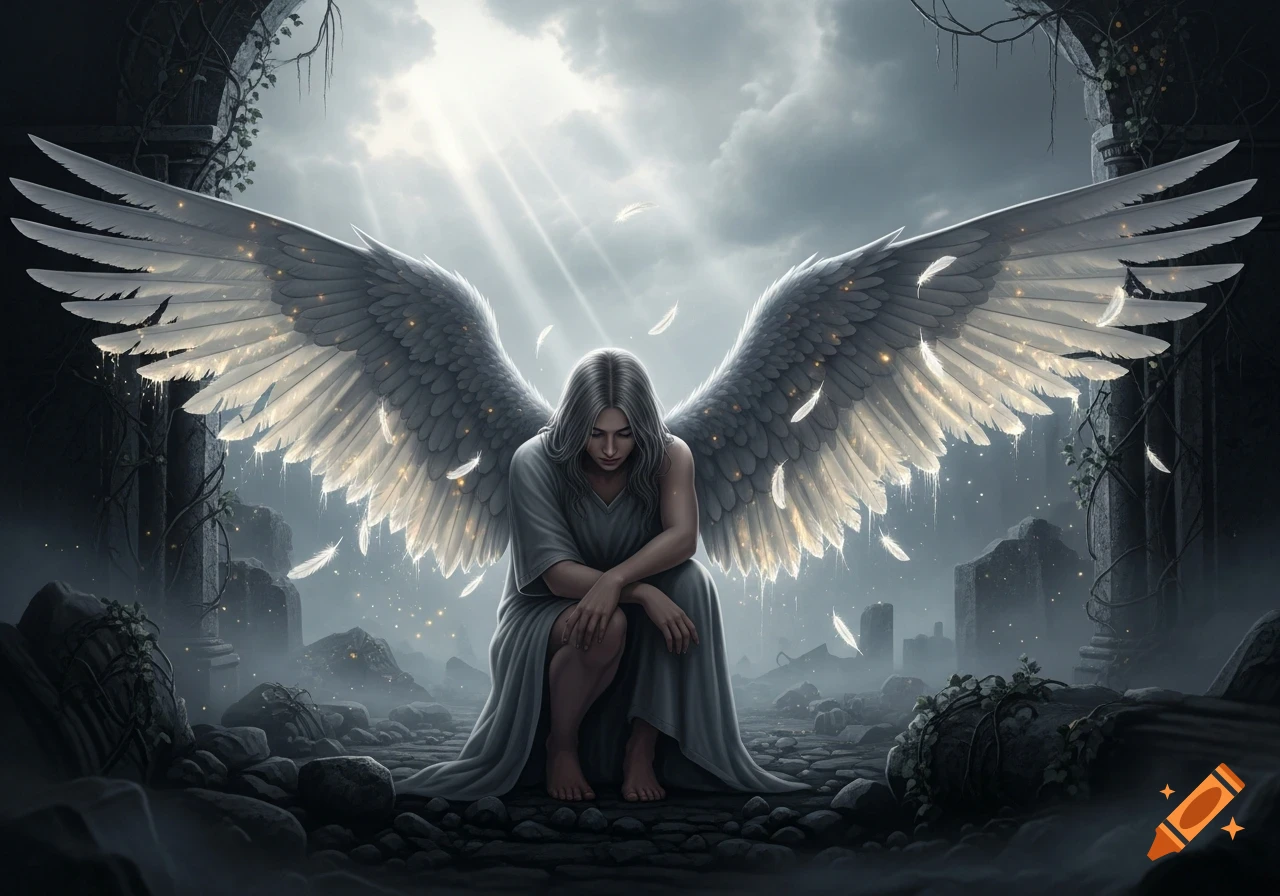 A sorrowful angel with large white wings kneels among ancient ruins under a dramatic sky with light rays, in a photorealistic style.