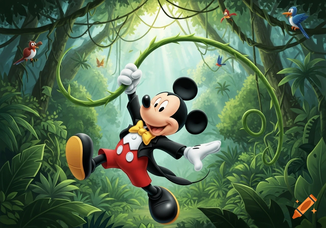 Mickey Mouse in a tuxedo swings on a vine in a lush cartoon jungle with birds.