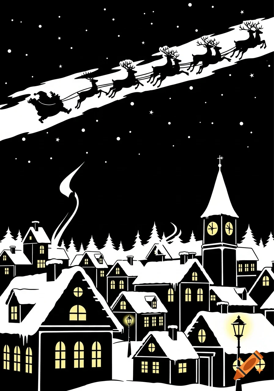 A black and white silhouette of Santa and his reindeer flying over a snow-covered Christmas village with glowing windows.