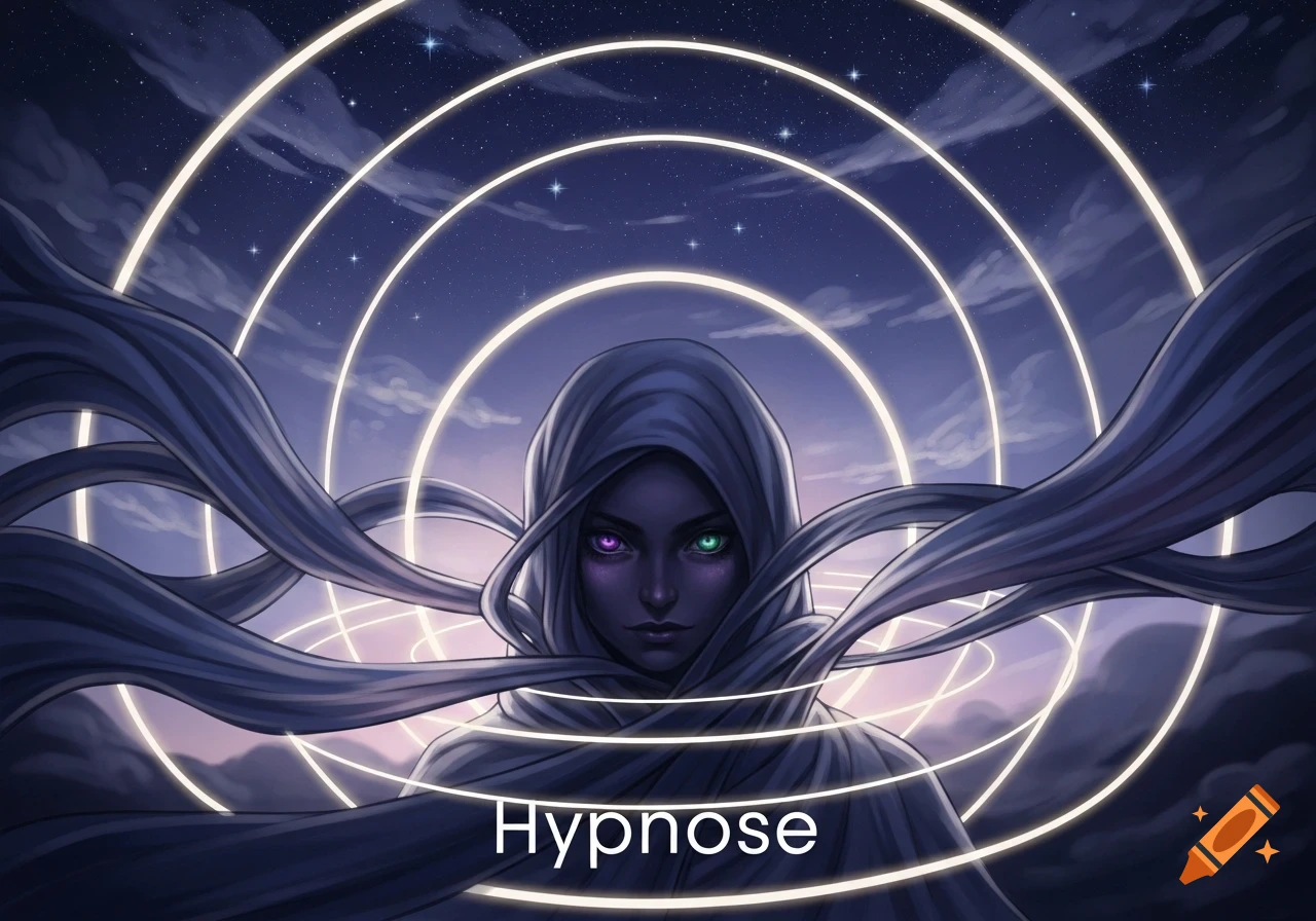 A mysterious cloaked figure with glowing purple and green eyes stands under a starry sky with glowing concentric rings. The word "Hypnose" is at the bottom.
