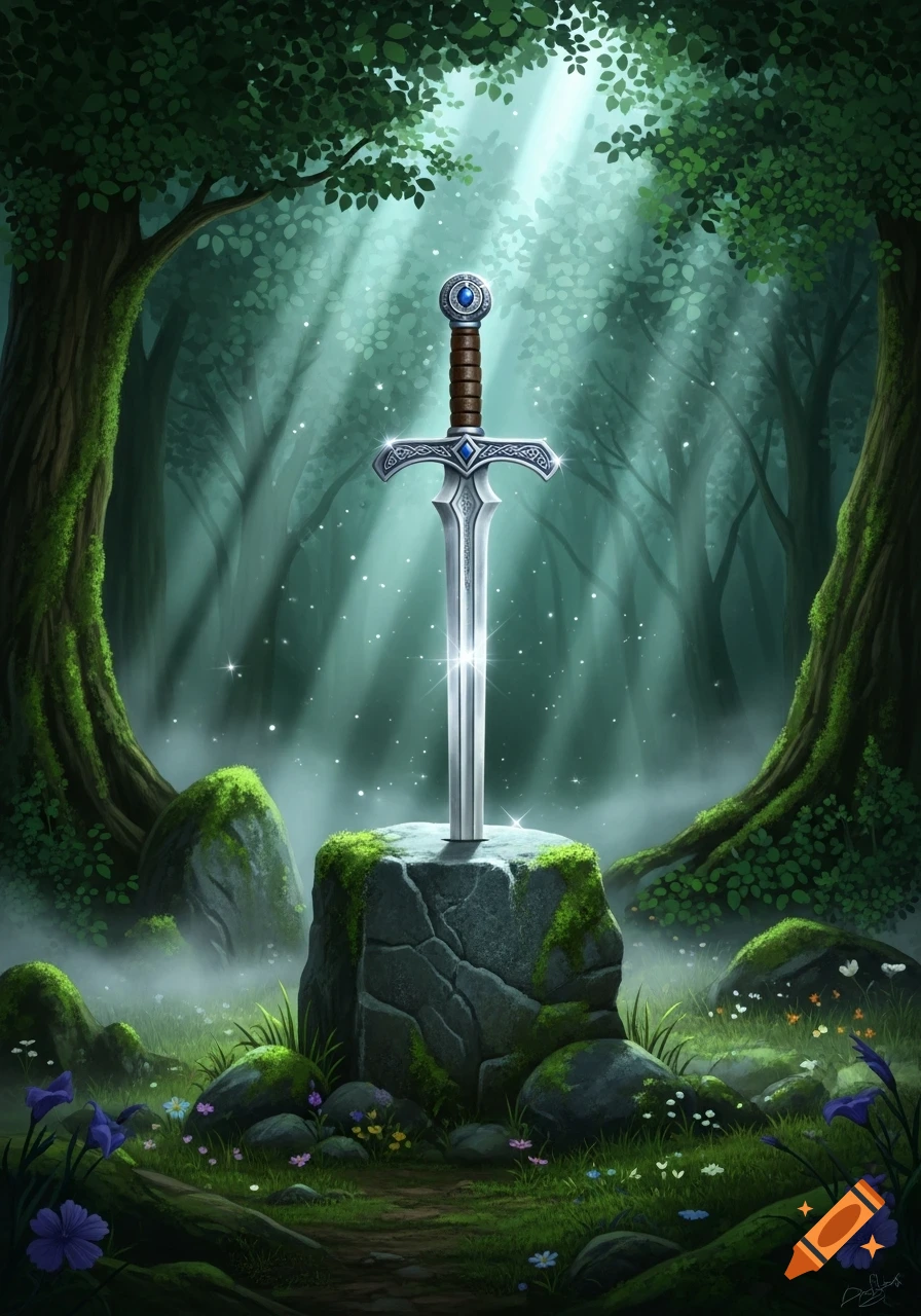 A shiny, ornate sword with a jeweled hilt plunged into a mossy stone in a mystical, sunlit forest with dappled light.