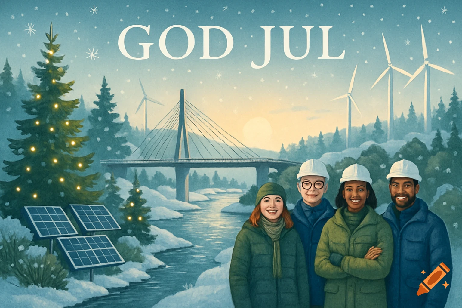 Illustration of four smiling people in winter clothes and hard hats in a snowy landscape with a bridge, wind turbines, Christmas tree, and solar panels. Text says 'GOD JUL'.