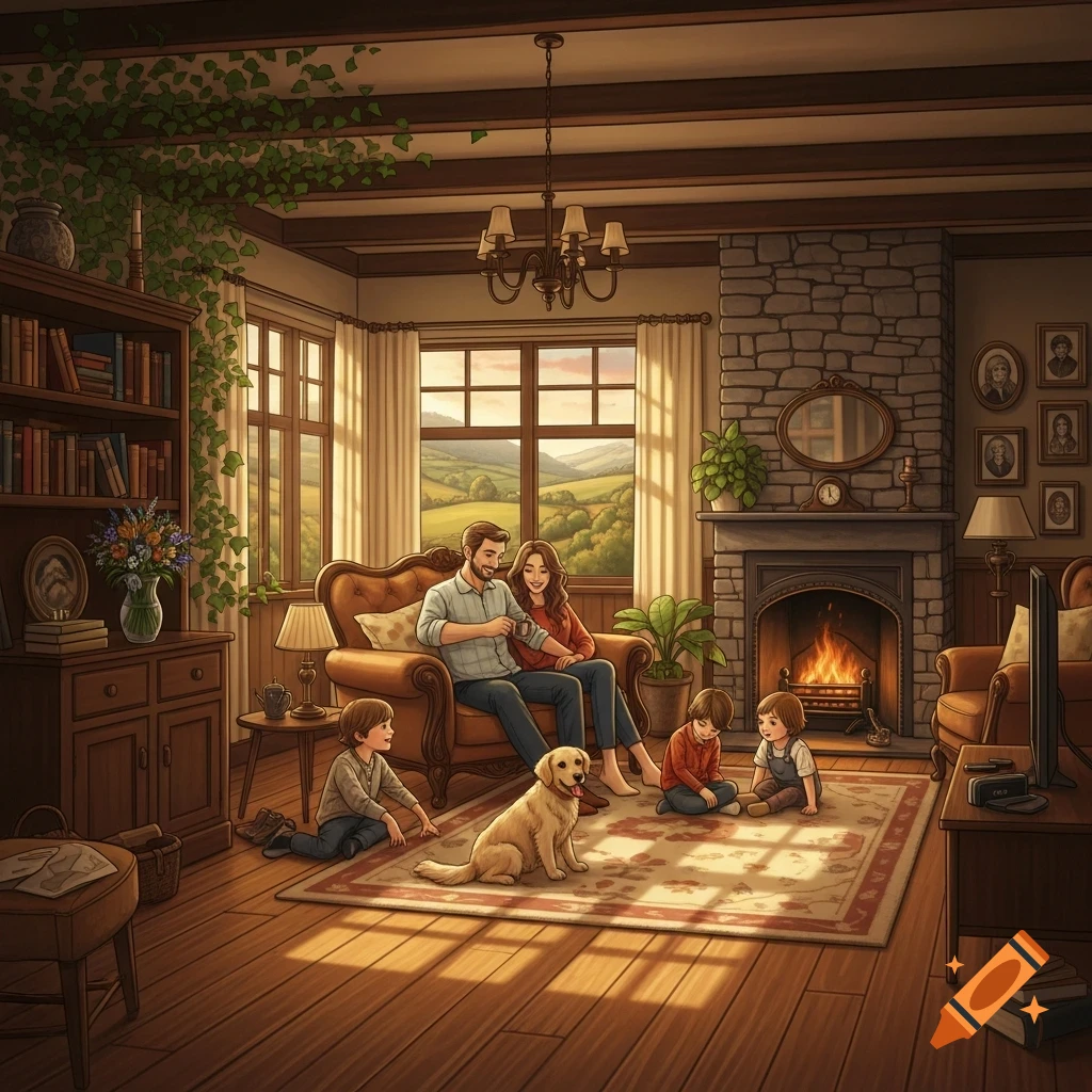 An illustrated scene of a family with two children and a golden retriever dog relaxing in a cozy living room with a lit fireplace.