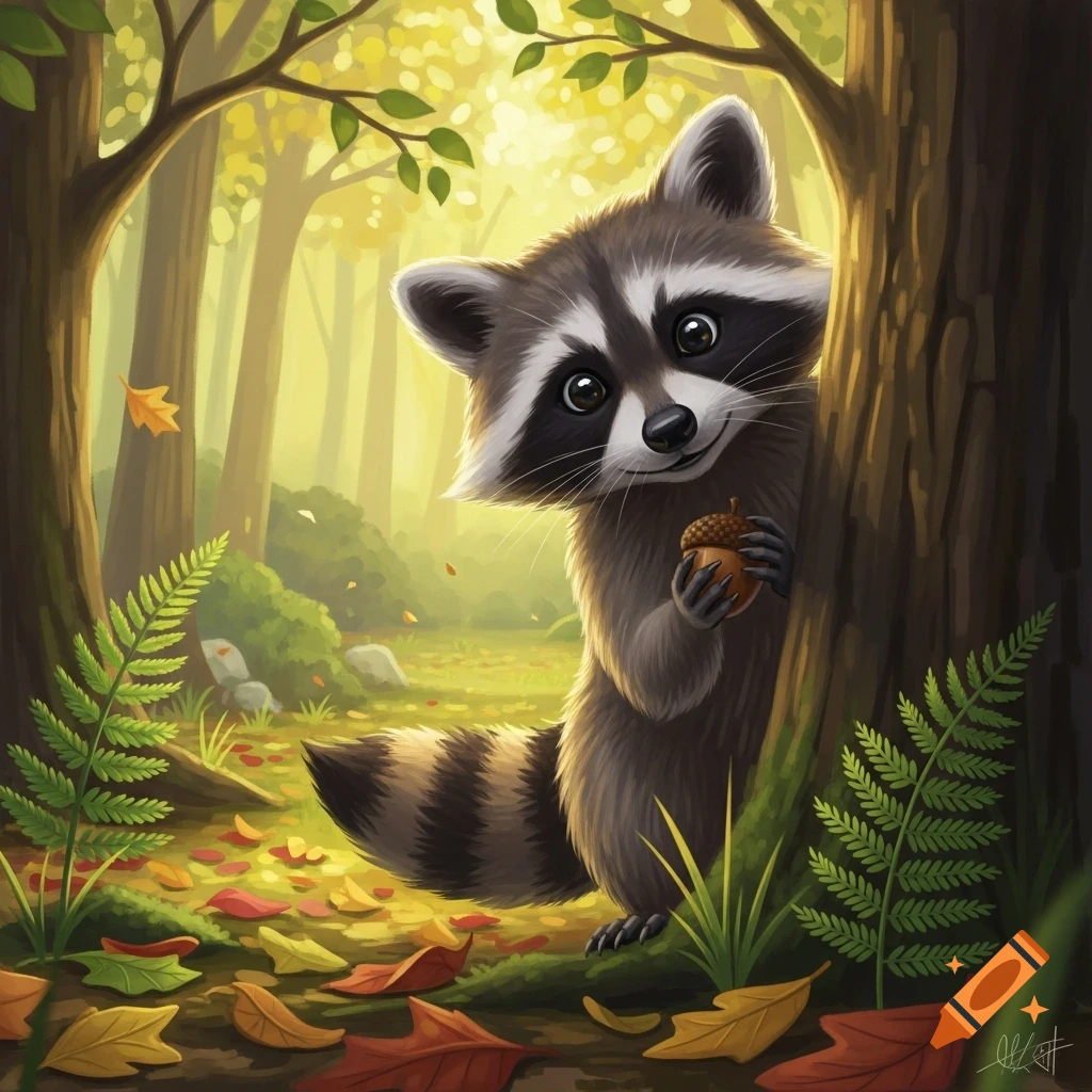A cute cartoon raccoon peeks from behind a tree, holding an acorn, in a sunlit autumn forest.