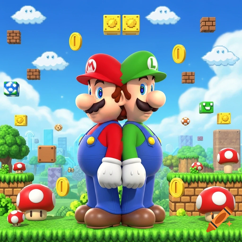 Mario and Luigi stand back-to-back in a vibrant Super Mario-themed landscape with floating coins, blocks, and red mushrooms.