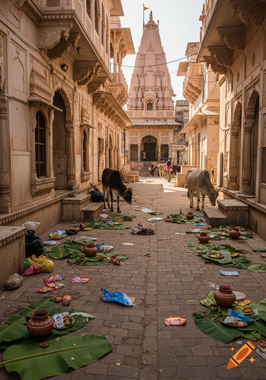 A narrow cobblestone street in India, lined with ornate buildings and a temple, is cluttered with banana leaves, pots, and trash, with cows wandering amidst the debris.