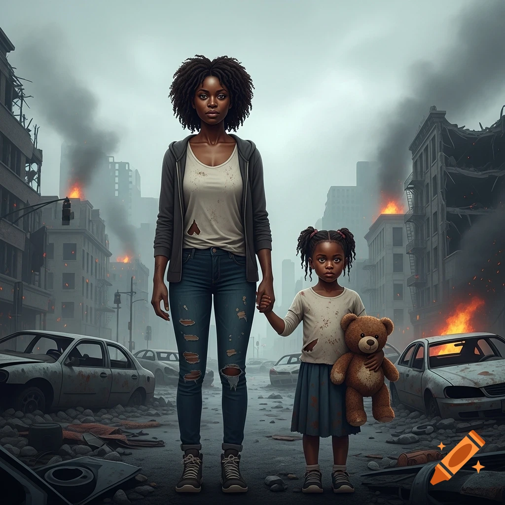 A Black woman and a young girl holding hands in a ruined city street with burning buildings, the girl carrying a dirty teddy bear.