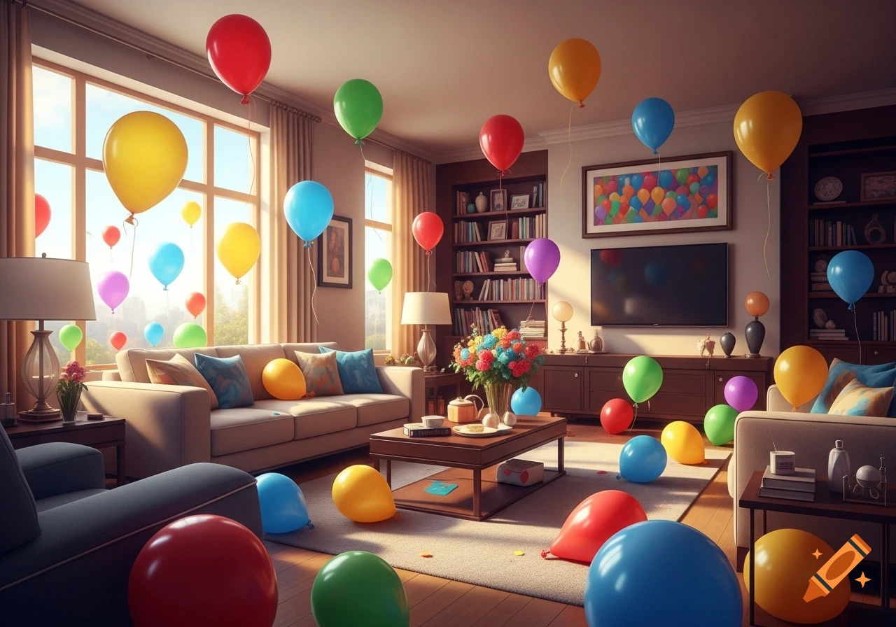 A brightly lit living room is filled with colorful balloons floating and scattered across the floor, suggesting a party.