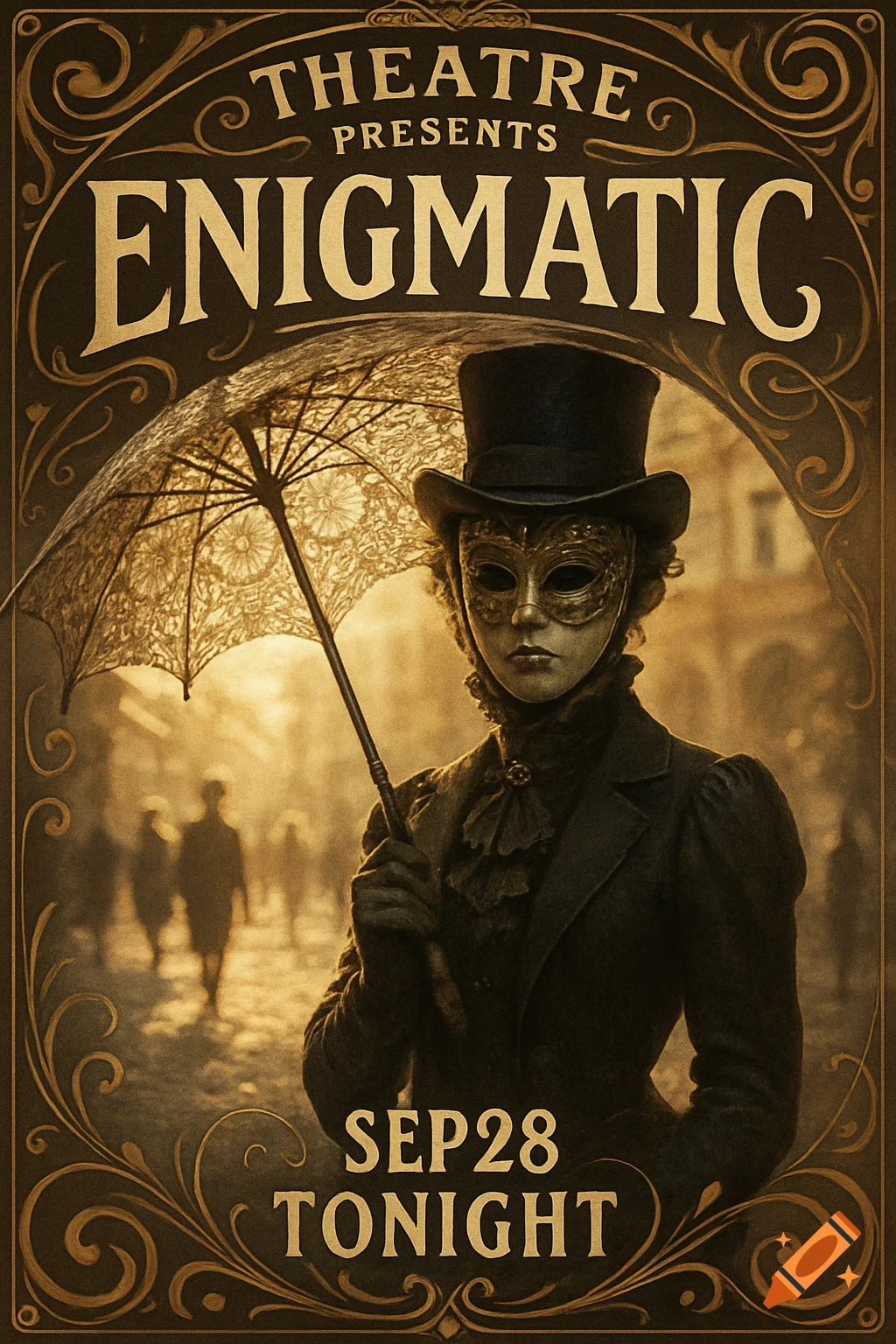 A vintage sepia-toned poster for 'Enigmatic' theater, featuring a person in a top hat and golden masquerade mask, holding a lace umbrella.