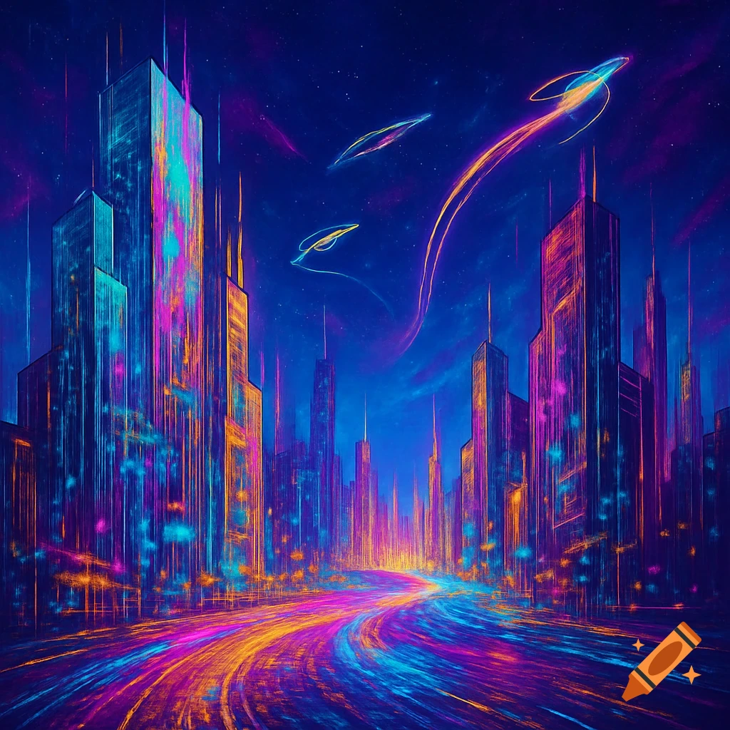 Vibrant, neon-lit futuristic cityscape with towering buildings and glowing paths under a starry sky, with flying vehicles.