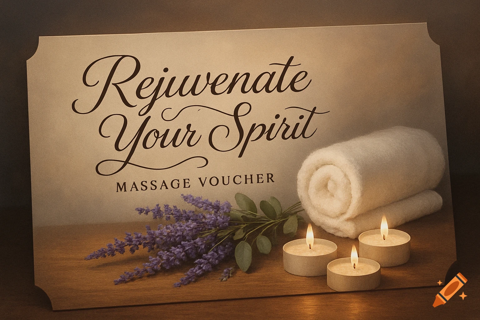 A beige massage voucher with text, lavender, a rolled white towel, and three lit candles on a wooden surface.