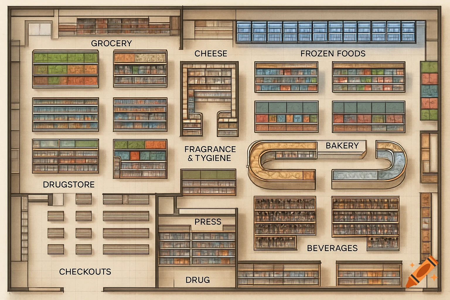 Overhead diagram of a supermarket floor plan, showing various departments like grocery, cheese, frozen foods, bakery, and checkouts.