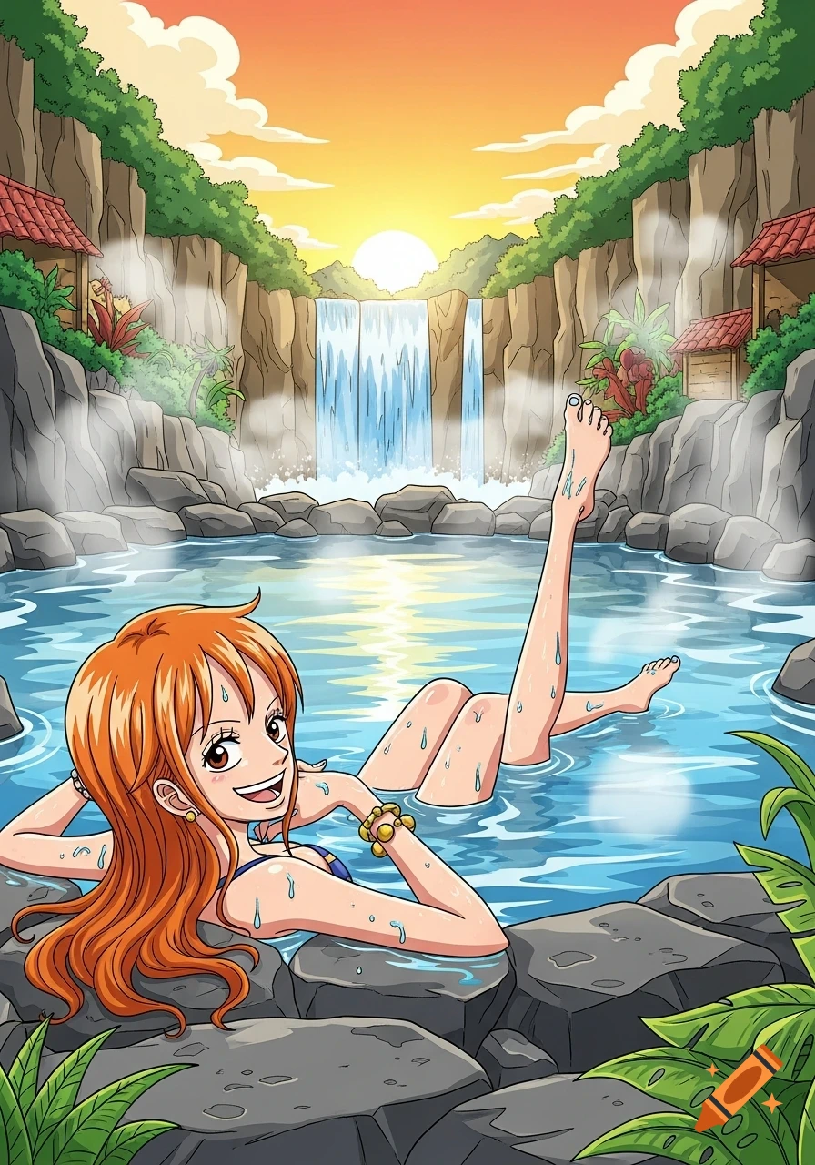 Nami from One Piece relaxes in a hot spring at sunset, with a waterfall and lush landscape in the background, in an anime style.