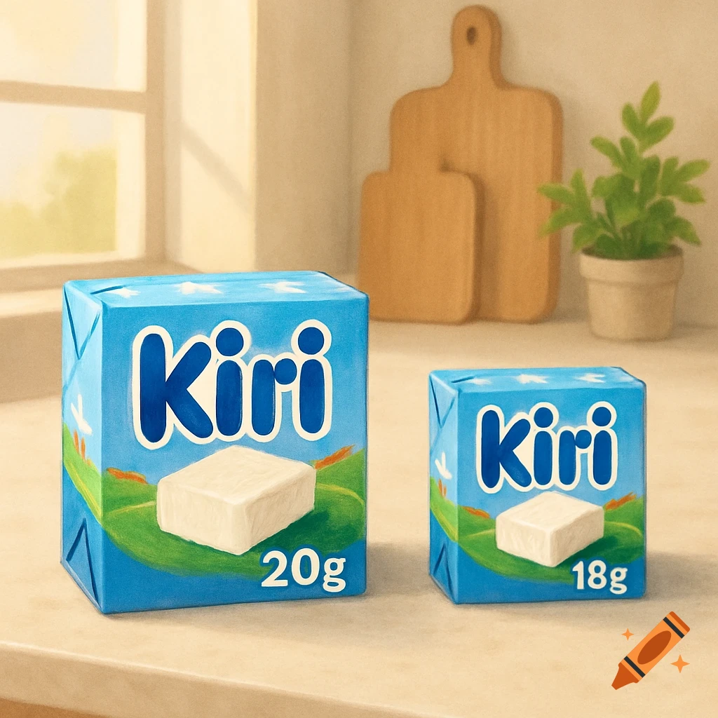 Illustration of two Kiri cheese packages on a kitchen counter, one 20g and one 18g, demonstrating shrinkflation.