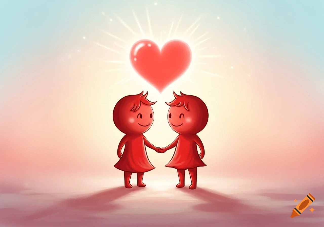 Two happy red cartoon figures holding hands under a glowing red heart on a pastel background.