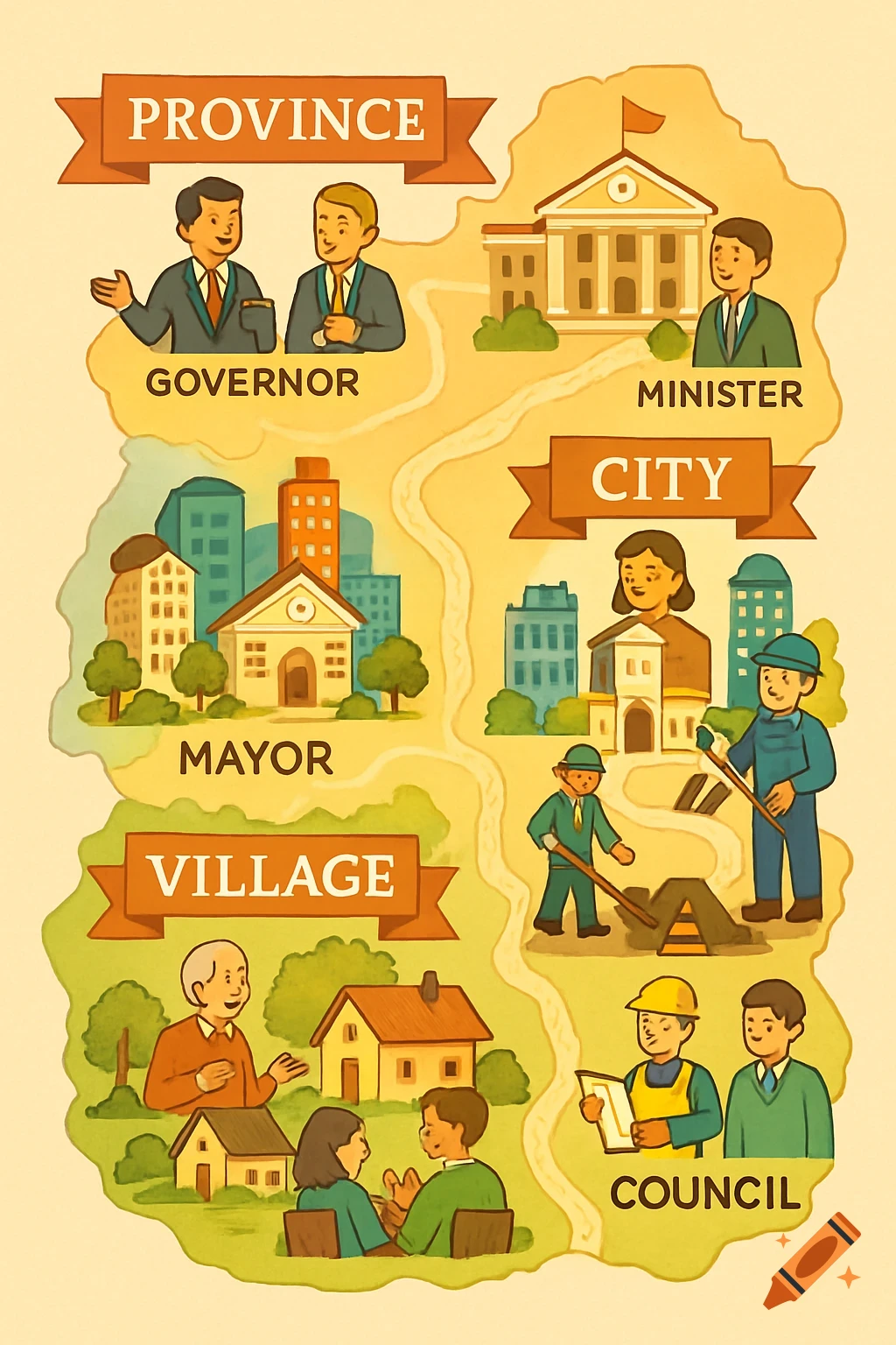 A cartoon map illustrating government levels: Province (governor, minister), City (mayor), and Village (council), with people and buildings.