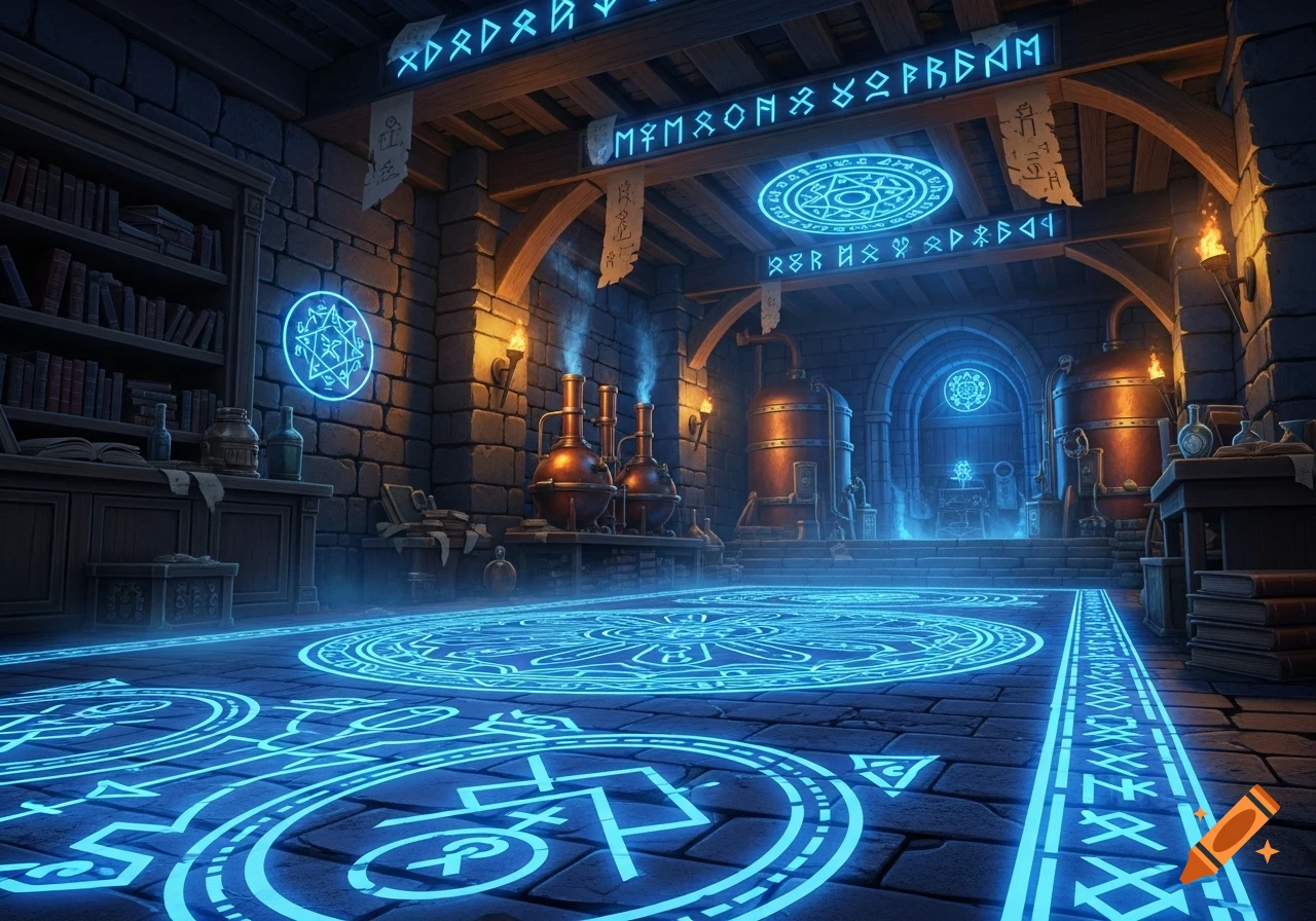 A dark, magical basement with glowing blue runes on the floor and carved into overhead beams and banners. Alchemy equipment and bookshelves are visible.
