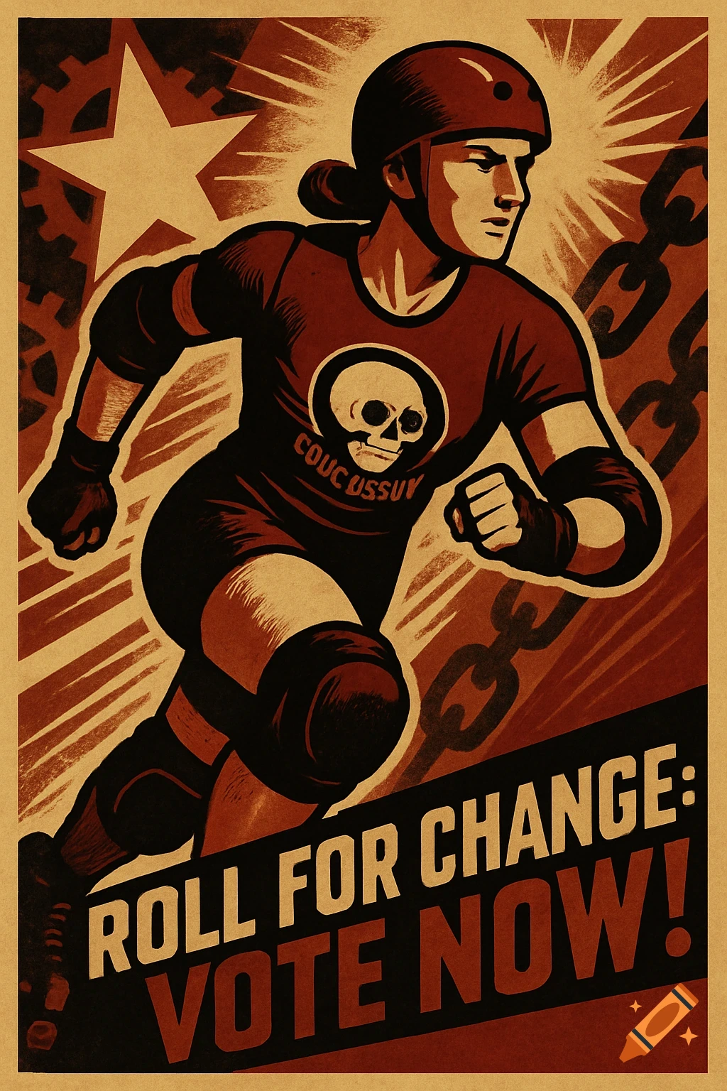 Propaganda poster in a WWII style with a roller derby player in action. Text reads: "ROLL FOR CHANGE: VOTE NOW!"