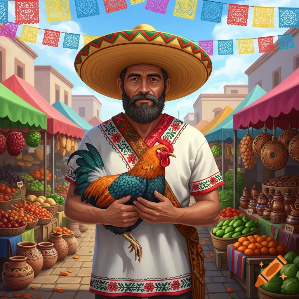 A bearded Mexican man in a sombrero holds a colorful chicken in a vibrant outdoor market under festive flags.