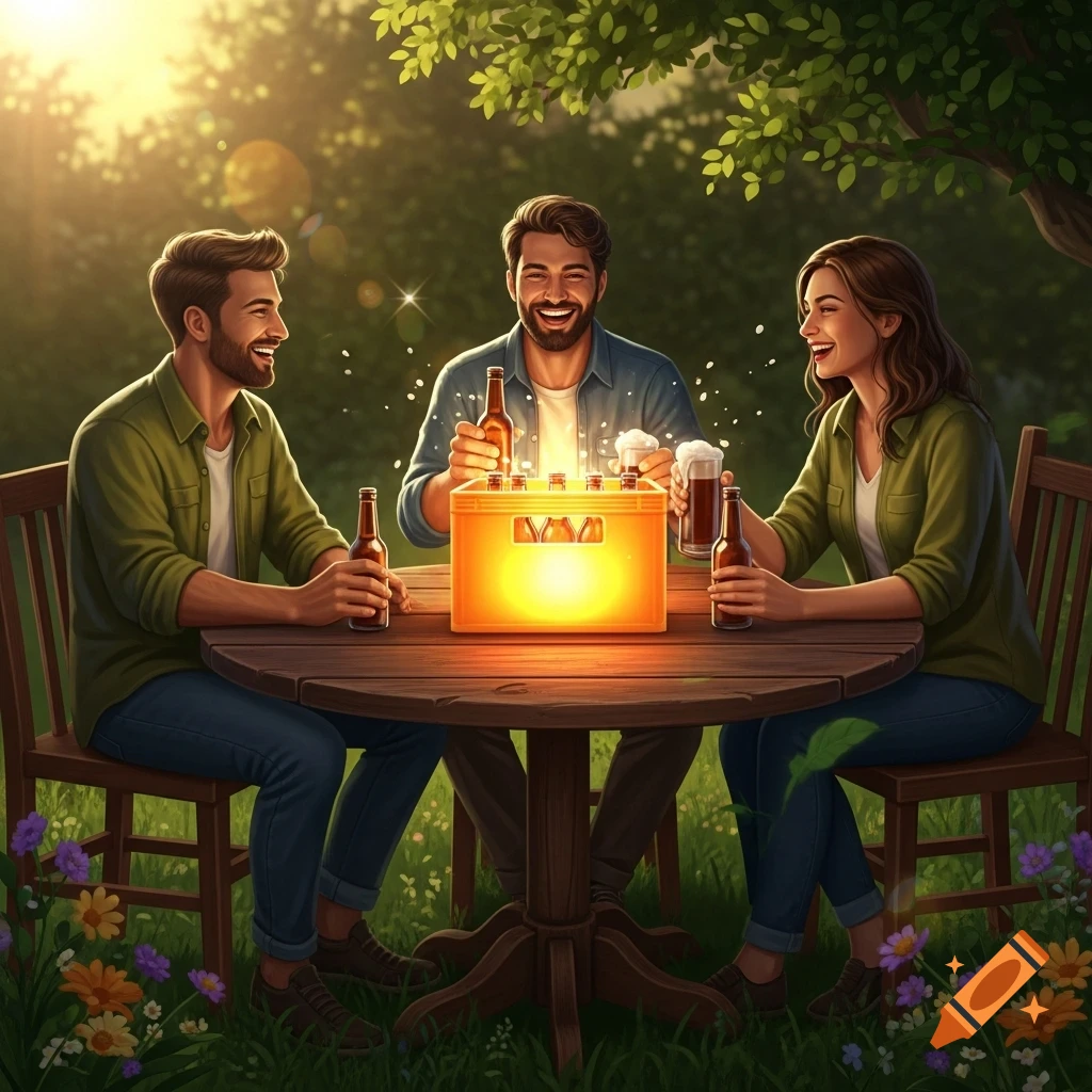 Three friends laughing and drinking beer around a glowing crate on a wooden table outdoors in a sunny garden.