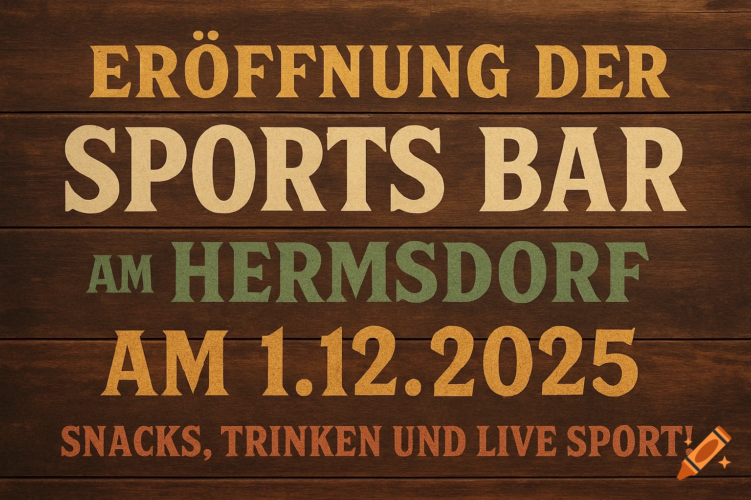 Promotional sign for a sports bar opening in Hermsdorf on 1.12.2025, featuring text on a rustic wooden background.