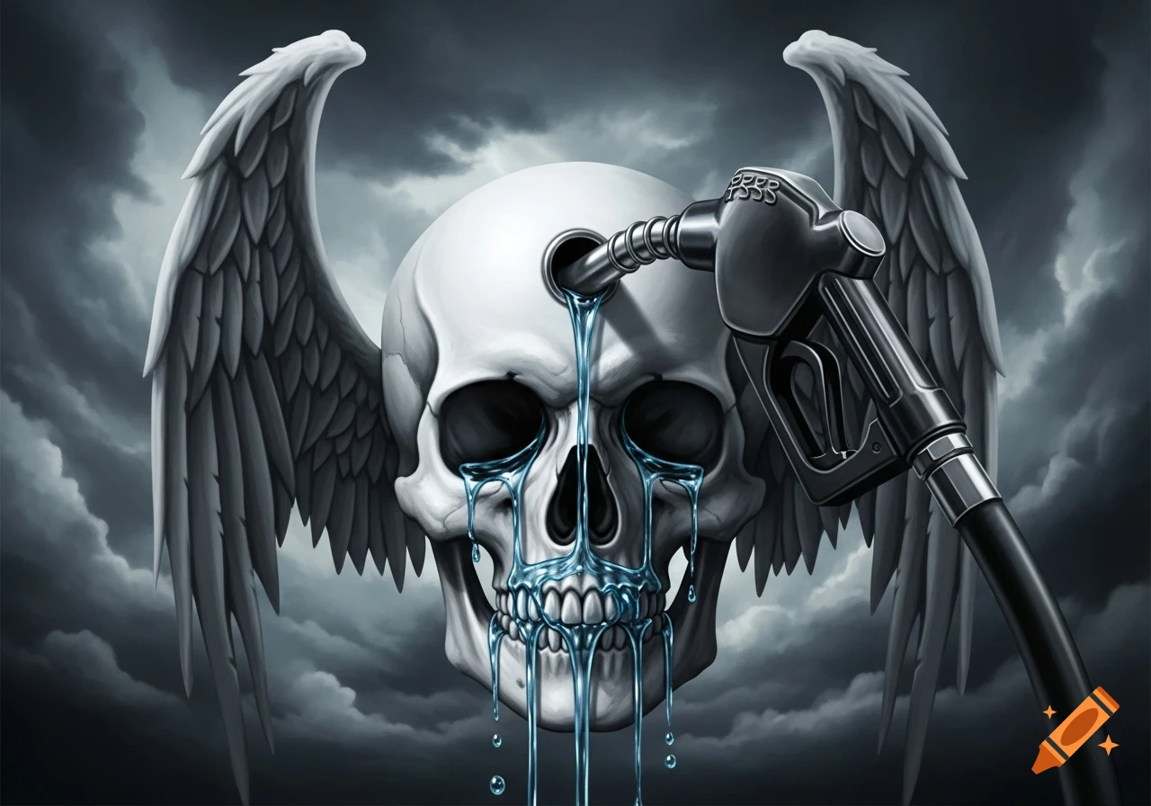 A winged skull with a gas pump nozzle inserted into its forehead, pouring liquid that appears as tears and drips from its mouth, set against a stormy sky.