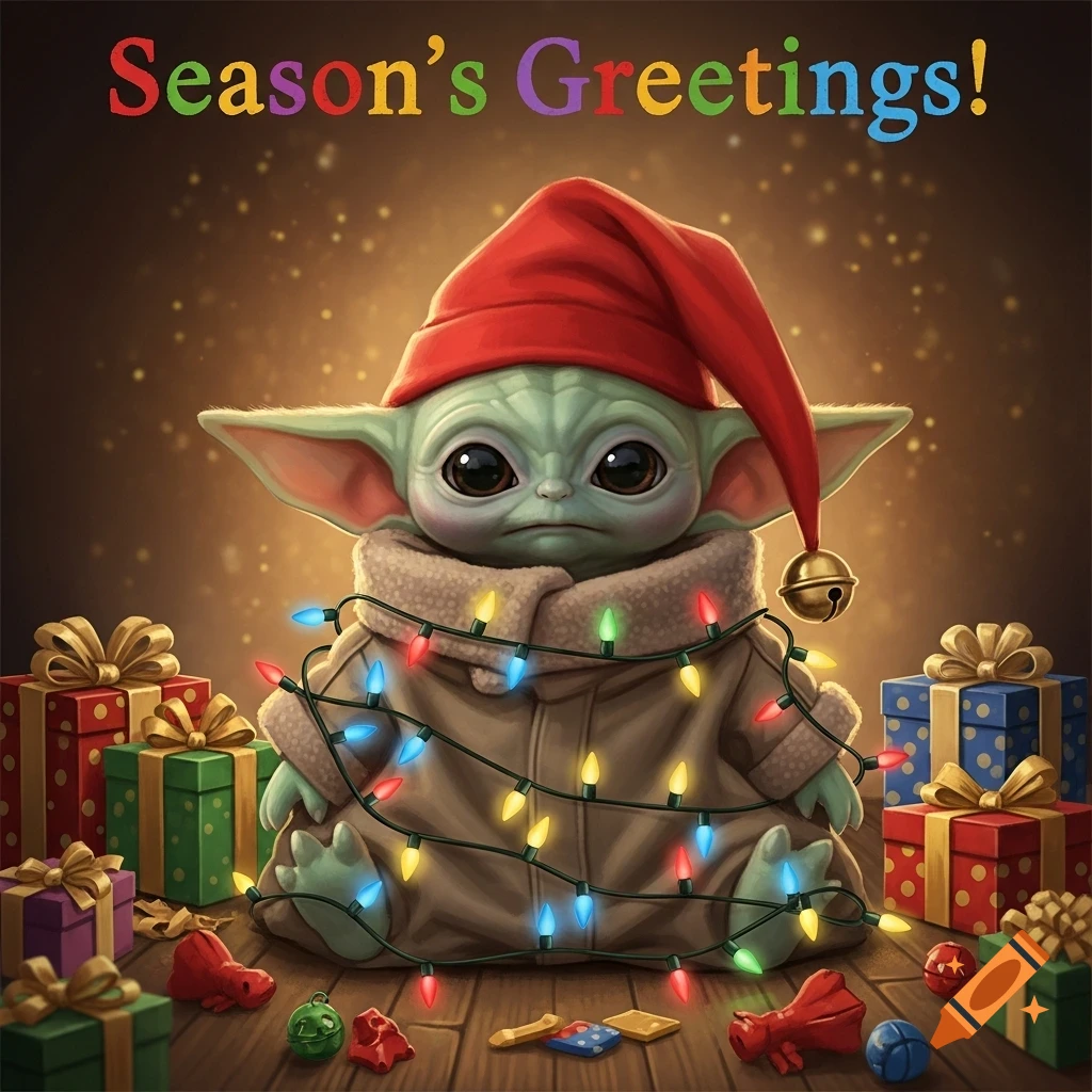 A cute Baby Yoda wearing a red Santa hat, tangled in colorful Christmas lights, surrounded by gift boxes, with "Season's Greetings!" text.