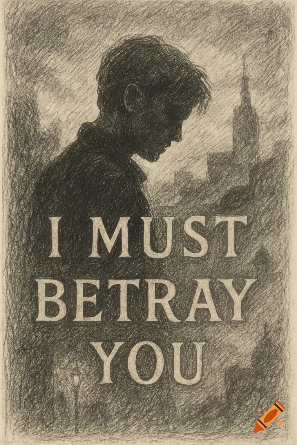 Pencil drawing of a man in silhouette, head down, against a city skyline with the text "I MUST BETRAY YOU".