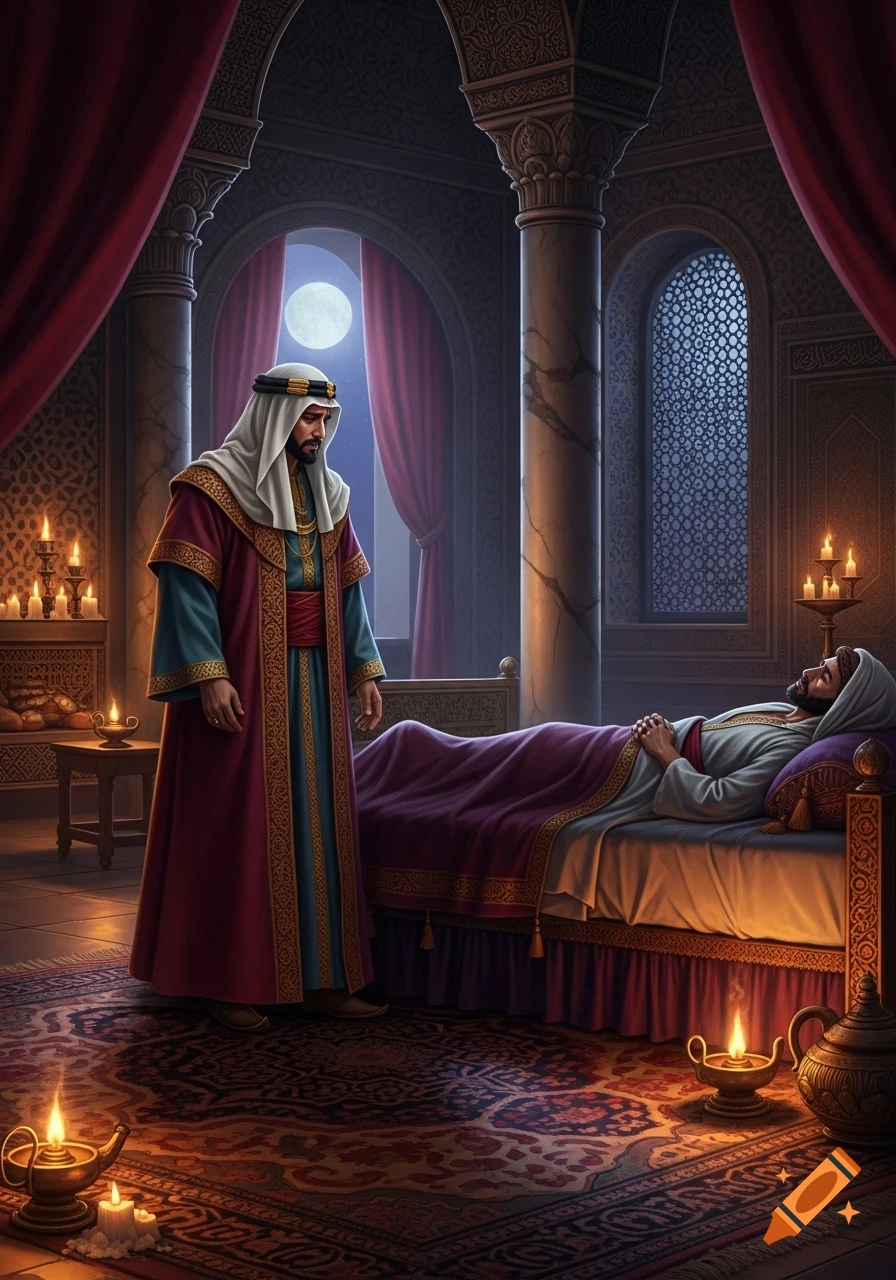 A man in ornate robes stands sadly in a dimly lit Arabian palace, looking at another man in bed, illuminated by moonlight and candles.