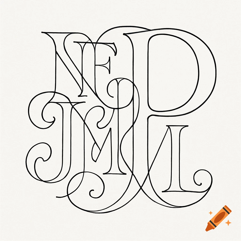 Intertwined one-line drawing of capital letters N, P, F, E, J, M, L on a white background.