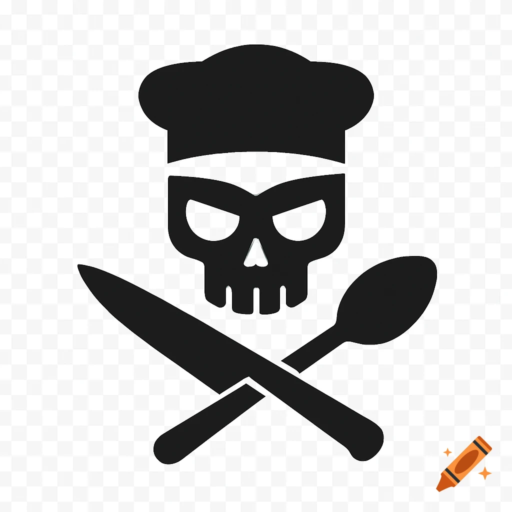 Black minimalist logo of a chef skull wearing a hat with crossed knife and spoon below, on a transparent background.