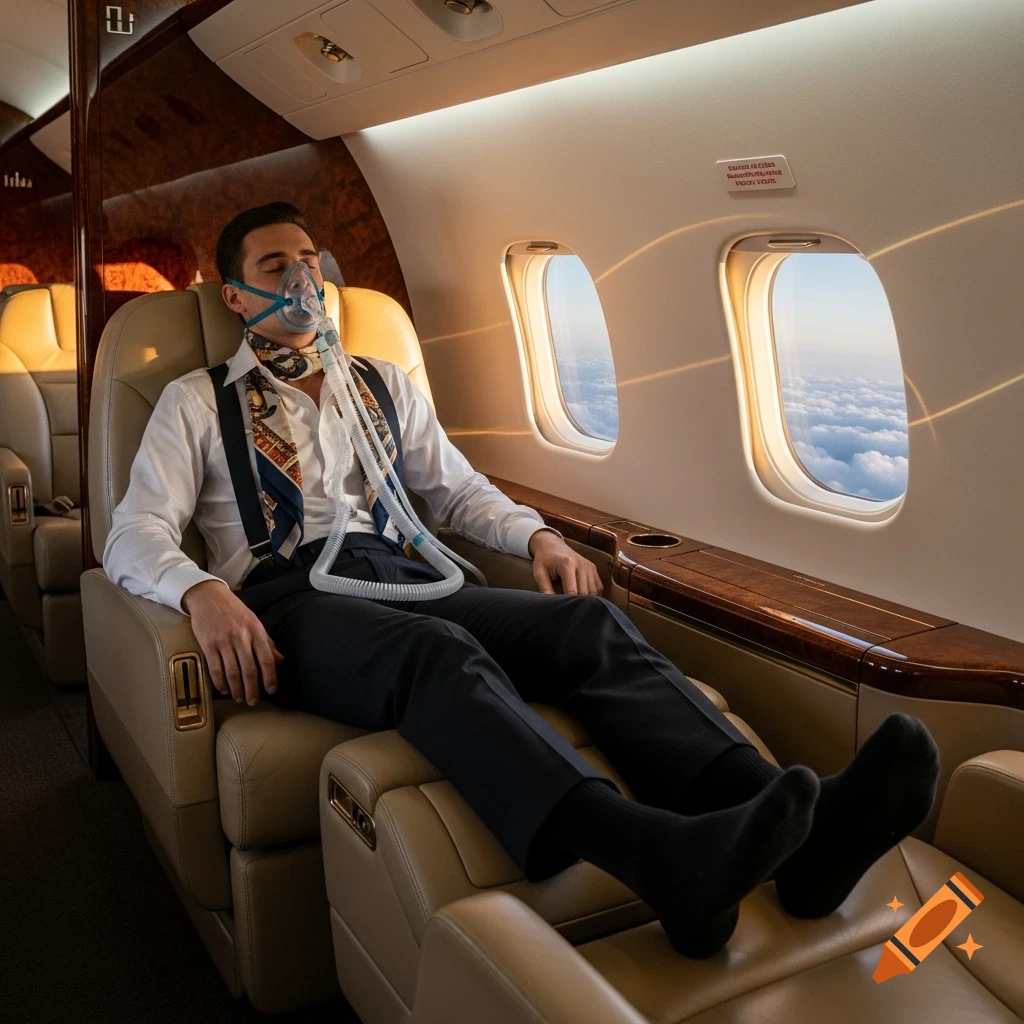 A man in a private jet wears an oxygen mask while relaxing in a luxurious seat, with clouds visible outside.