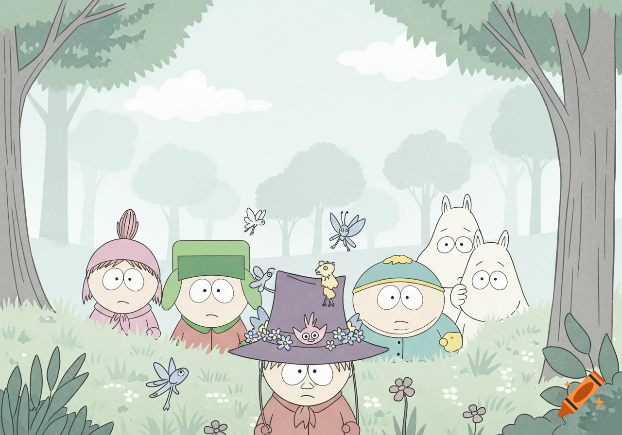 South Park characters and Moomins gathered in a forest, depicted in a soft, blended cartoon style.
