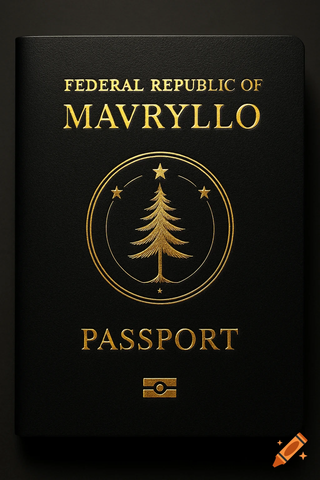 A black passport with gold embossed text 'FEDERAL REPUBLIC OF MAVRYLLO' and an emblem featuring a pine tree and three stars.