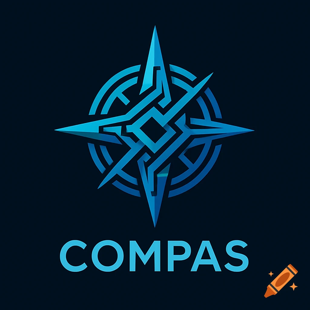 A modern blue and teal abstract logo with a stylized geometric compass rose and the word COMPAS below, on a dark background.