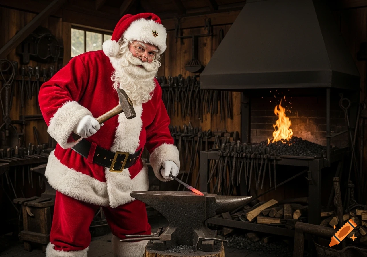 Santa Claus in a blacksmith shop, holding a hammer and red-hot iron over an anvil, with a glowing forge in the background. Photorealistic style.