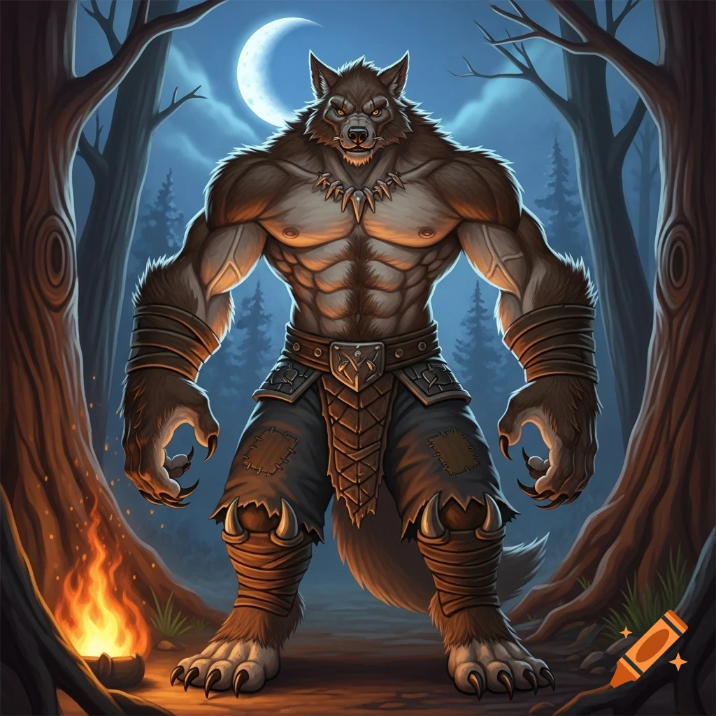 A muscular anthropomorphic werewolf with brown fur and barbarian shorts stands in a dark forest under a full moon, with a small campfire beside it.