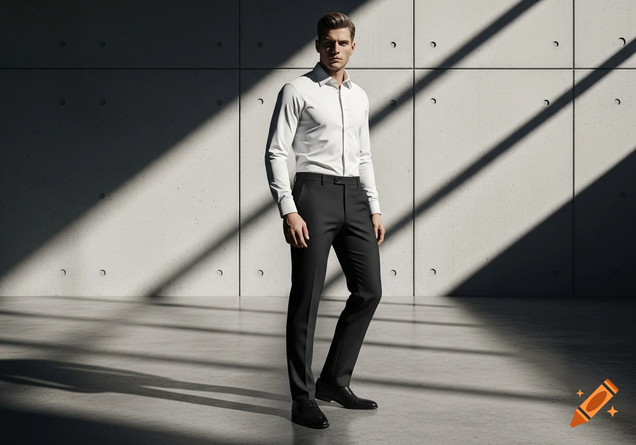 A man in a white button-up shirt and black pants stands in a stark concrete room with dramatic shadows. Photorealistic.