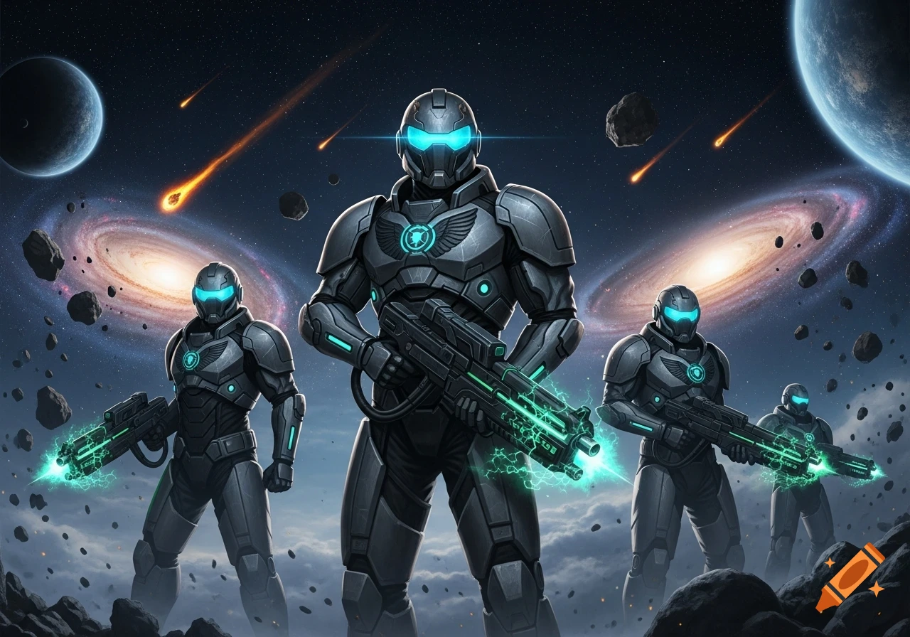 Four armored warriors in futuristic suits stand in space, holding glowing green energy weapons. Planets, a spiral galaxy, and asteroids fill the background.