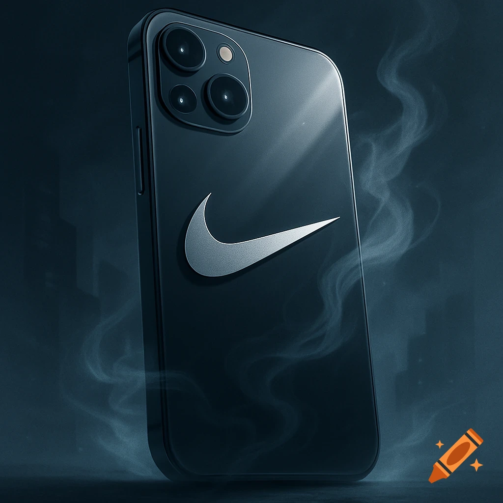A dark blue smartphone with a silver Nike swoosh logo on its back, enveloped in light smoke.