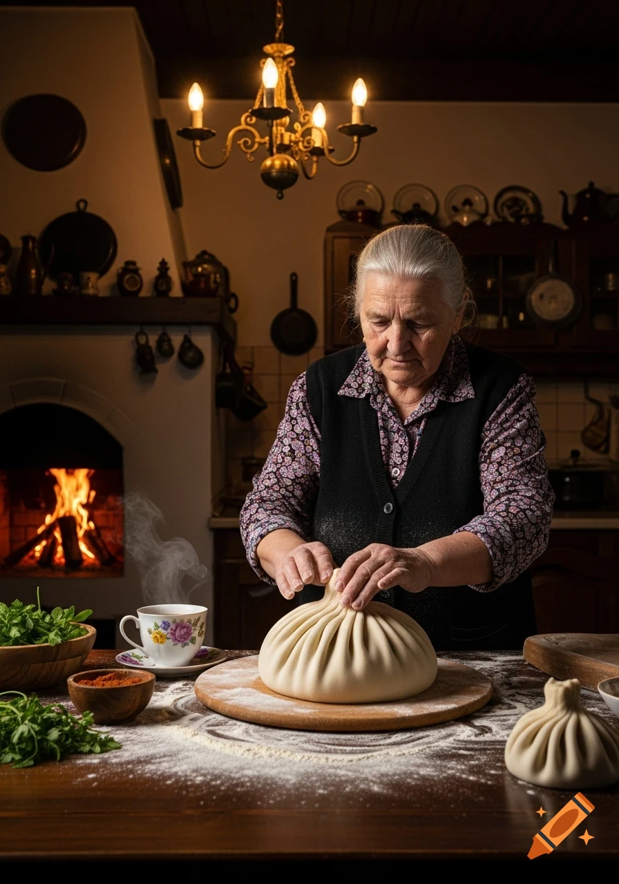 An elderly woman with gray hair meticulously folds a giant khinkali dumpling on a wooden board in a rustic kitchen with a lit fireplace.