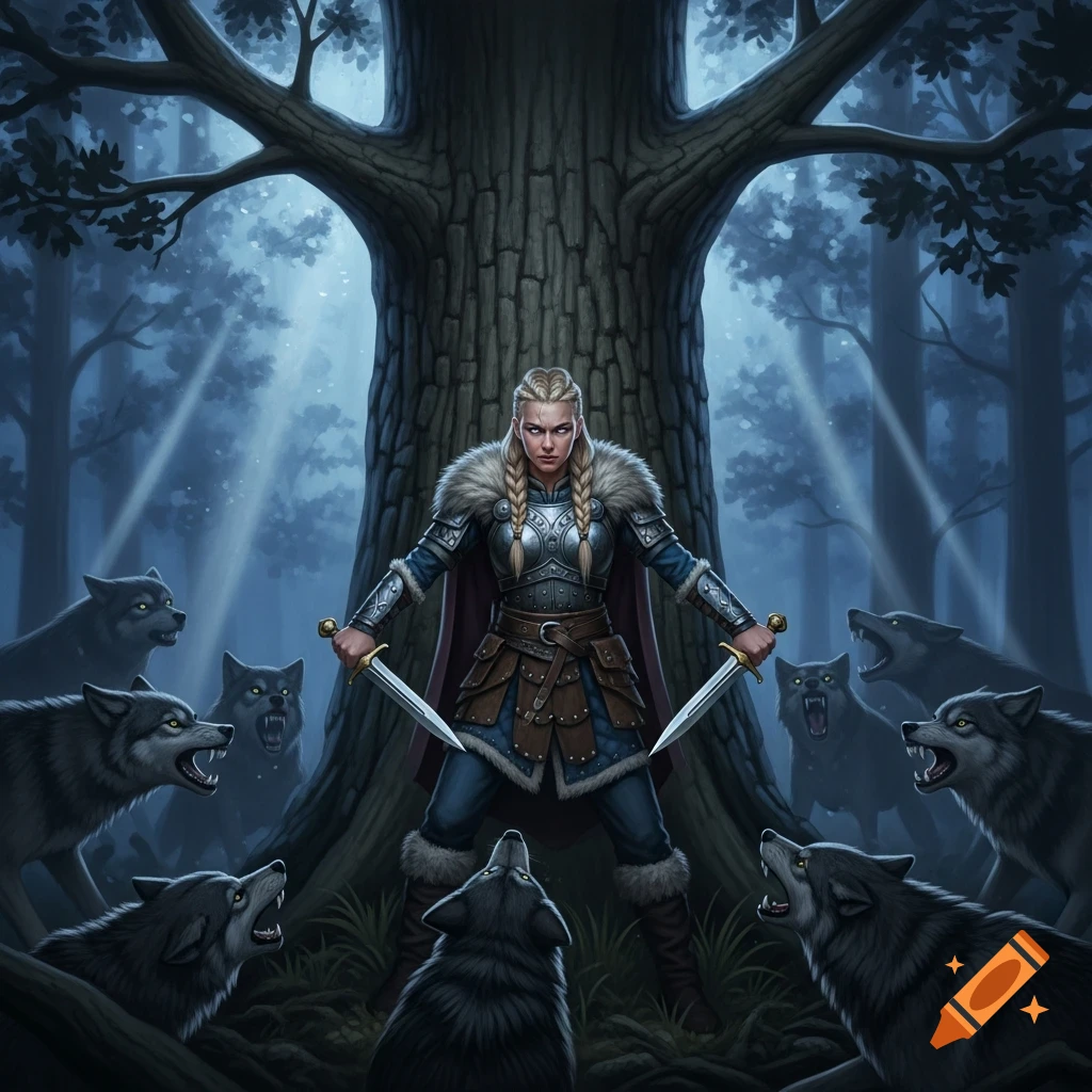 A formidable viking warrior woman with daggers stands against a pack of snarling wolves in a dark forest, back to a large tree.