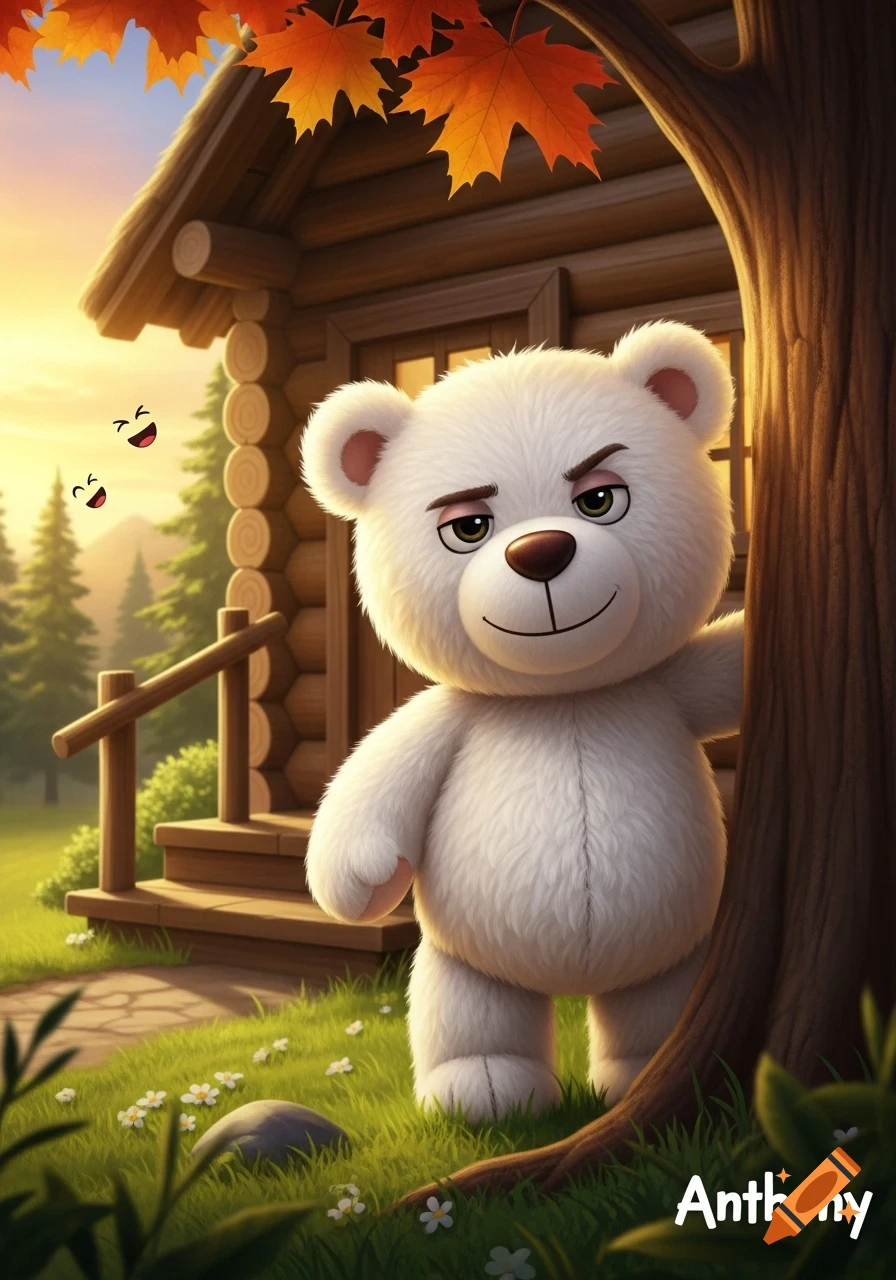 A mischievous white teddy bear stands by a tree trunk in front of a log cabin with autumn leaves during sunset, 'Anthony' written at the bottom.